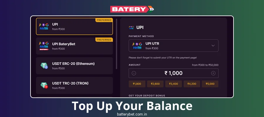 Make a deposit on Batery Bet India